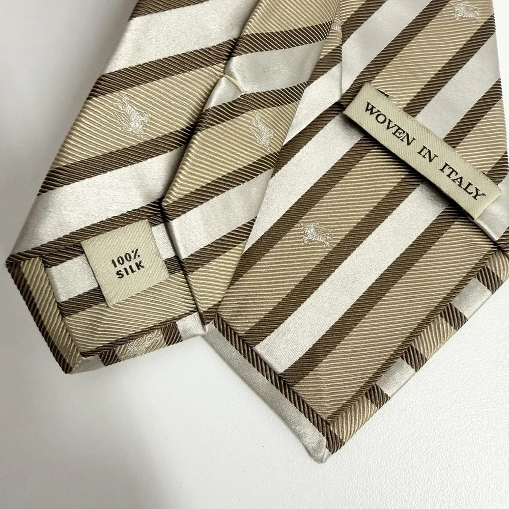 Burberry London Men's Tie Striped Equestrian Knight Logo Khaki Silk 3.5